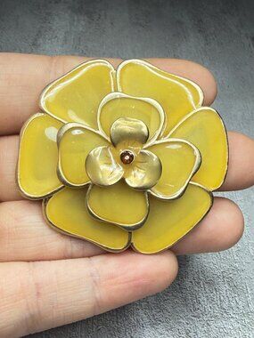 Flower Brooch Yellow Layered Petals Rhinestone Center Vintage Pin 2 inches